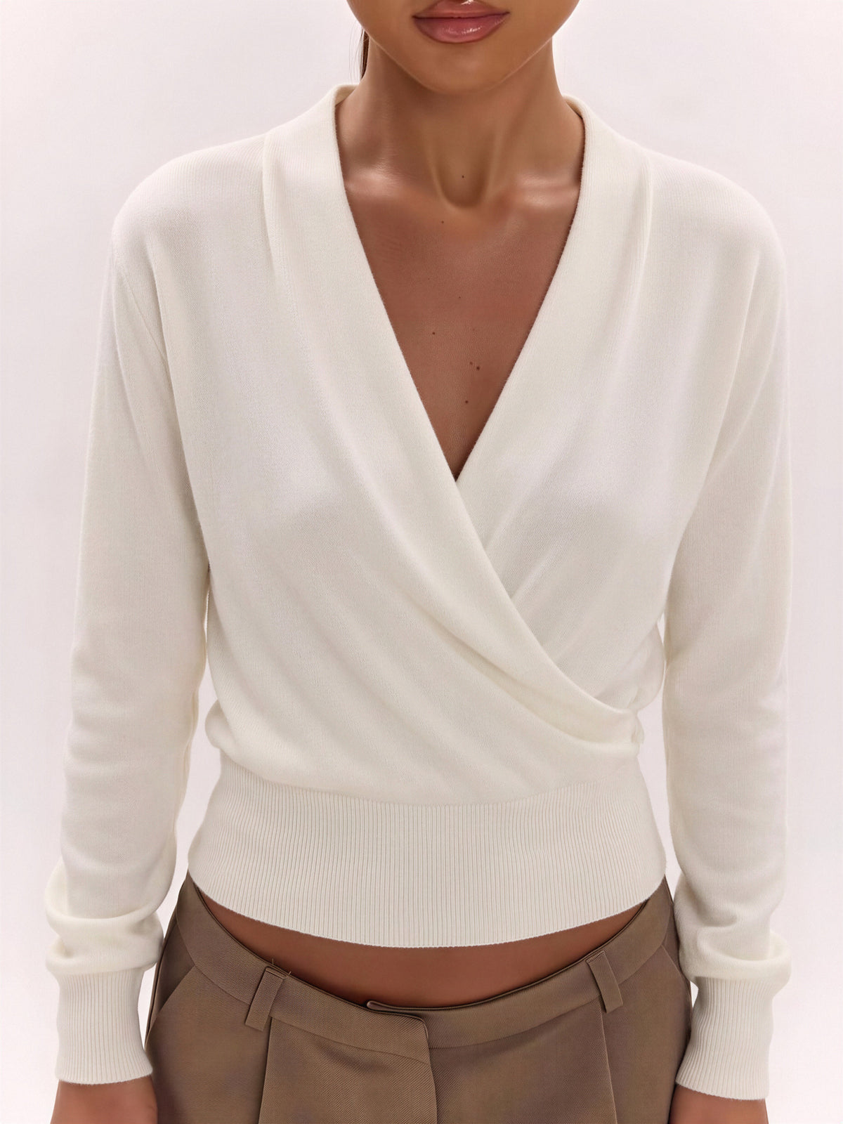 Wool Cross Wrap V Neckline, Fitted Waist, Long Sleeves