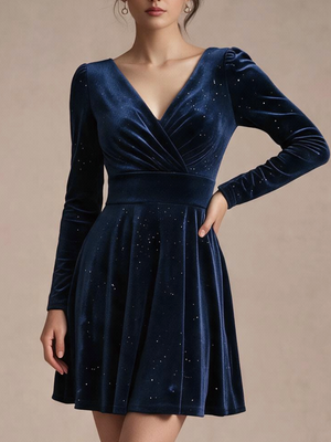 V-neck Solid Color Mini&Short Dresses