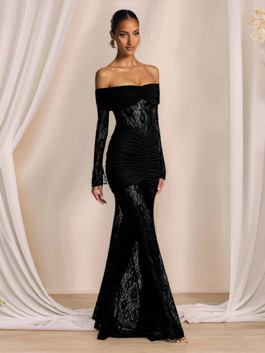 Schulterfreie, hohle Spitzeneinsätze, langärmelige, hüftbetonte Maxikleider