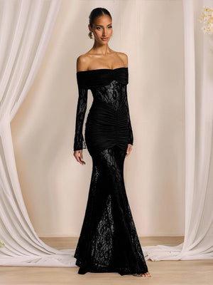 Schulterfreie, hohle Spitzeneinsätze, langärmelige, hüftbetonte Maxikleider