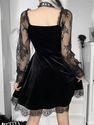 Halloween Lace Velvet Long Sleeve Midi Dresses