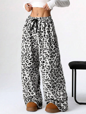 Basic Lace-up Soft Short Plush Elastic Waistband Loose Leisure Christmas Trousers