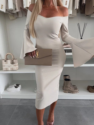 V-neck Flared Sleeves Off Shoulder Sexy Hip-hugging Dinner Cocktail Midi Dresses