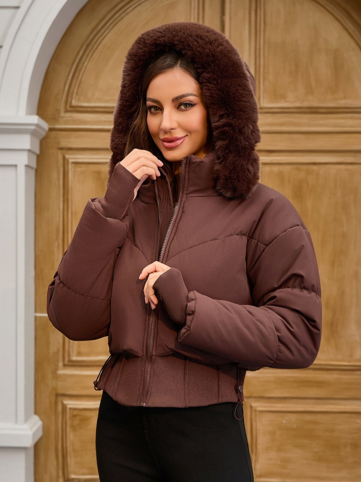 Large Fur Collar Hooded Pockets Short Waist Down Jacket