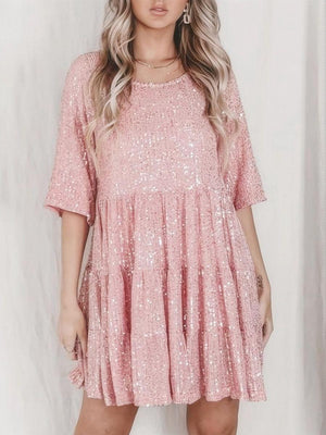 Sequins Crew Neck Loose Waist Short Sleeve Dress