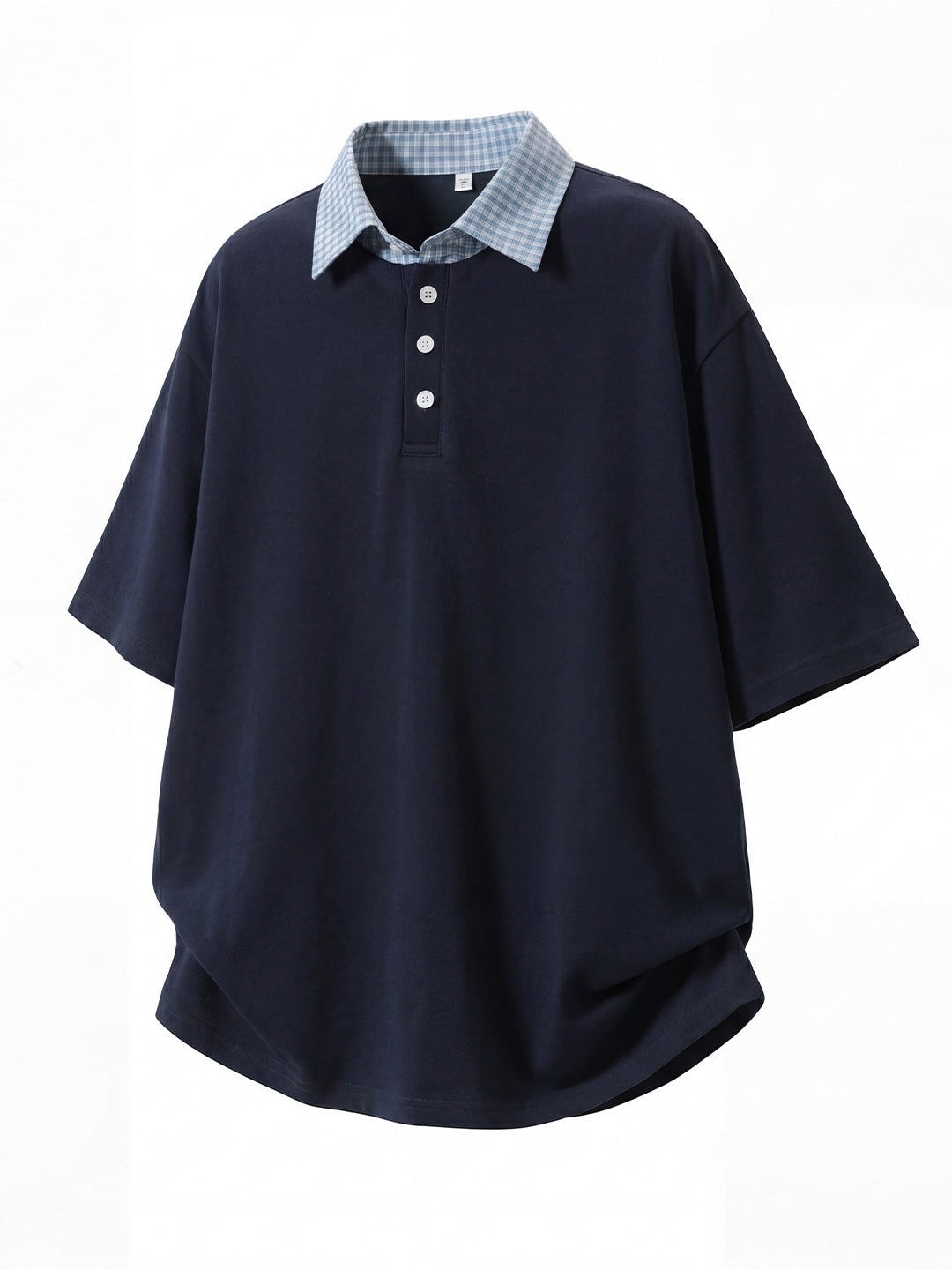 College Style Layered-look Color-blocked Plaid Polo Shirt