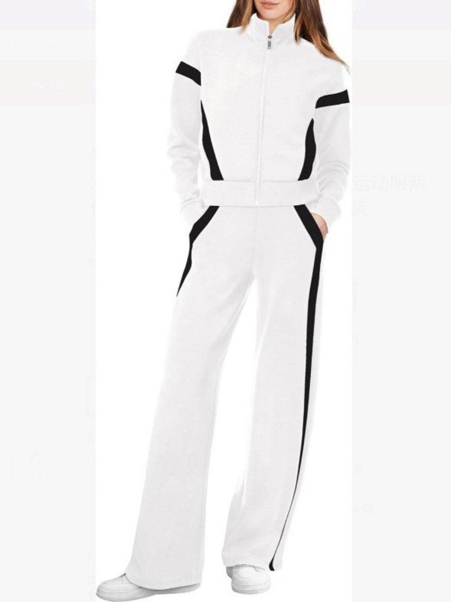 Long Sleeve Coat Stripes Splicing Sports Straight-leg Pants 2-piece Sets