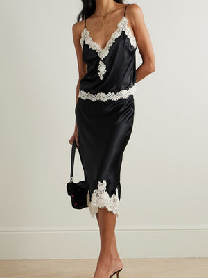 Lace Stitching Satin Camisoles Skirt 2-piece Sets