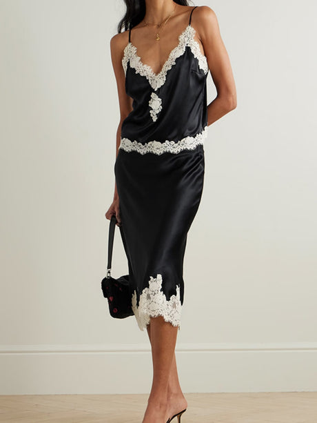 Lace Stitching Satin Camisoles Skirt 2-piece Sets