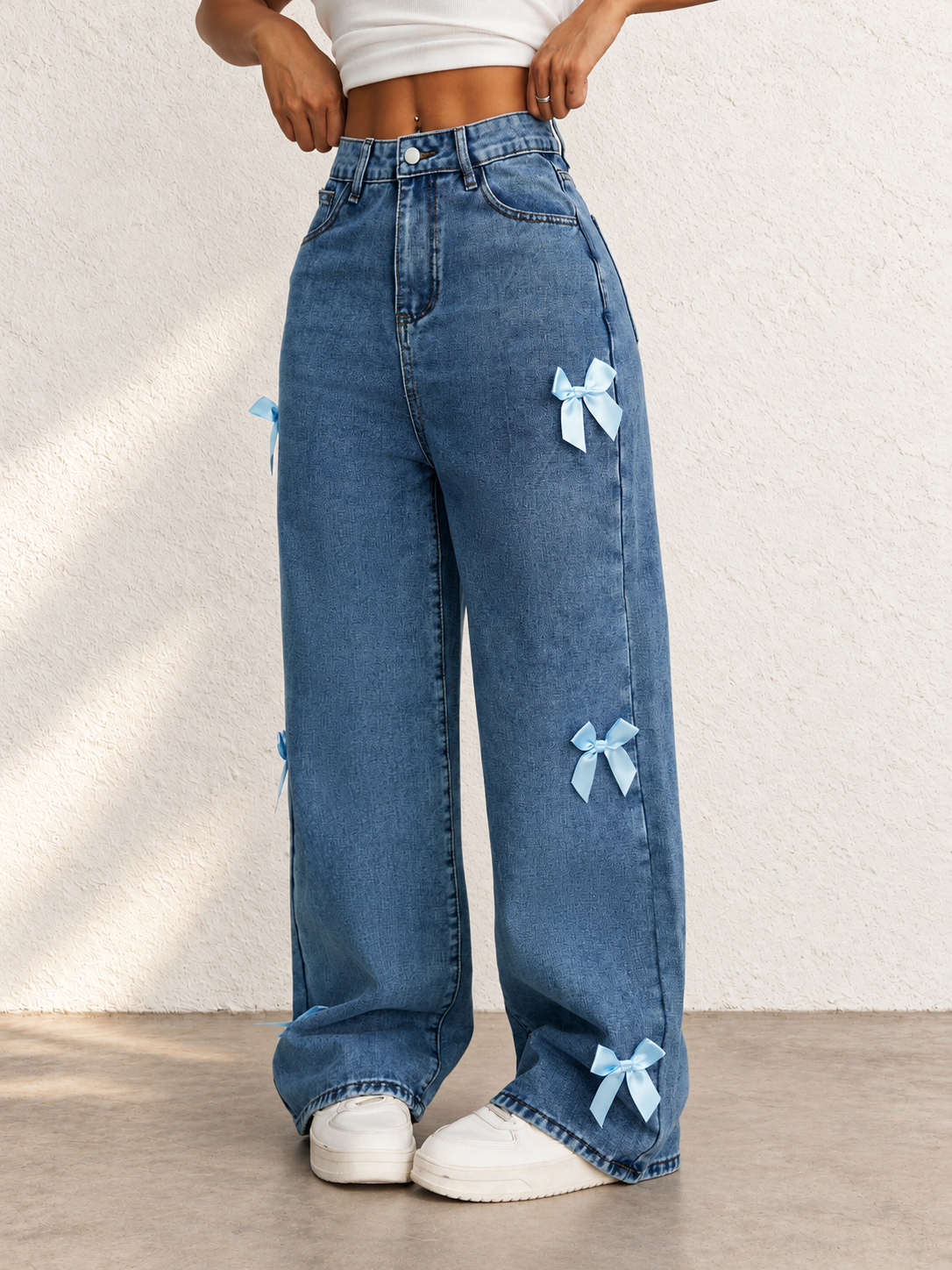 Women's Autumn/Winter High-Waisted Wide-Leg Jeans With Bow Decoration
