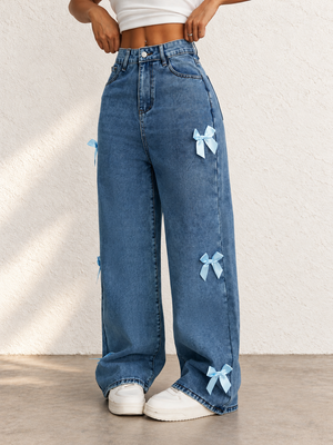 Women's Autumn/Winter High-Waisted Wide-Leg Jeans With Bow Decoration