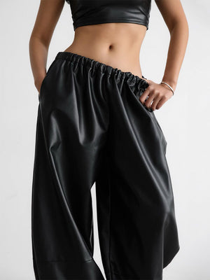Drawstring Ankle Lantern Pants Loose Leather Pants PU Leather Trousers
