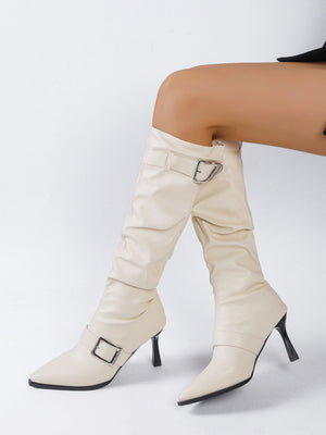 Pleated High-top Pointed-toe Stiletto Heels With Buckle Belt For Women