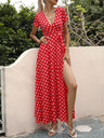 Polka Dots Slit V-neck Short Sleeve Maxi Dresses