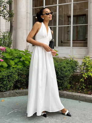 Halter V-neck Solid Color Maxi Dresses