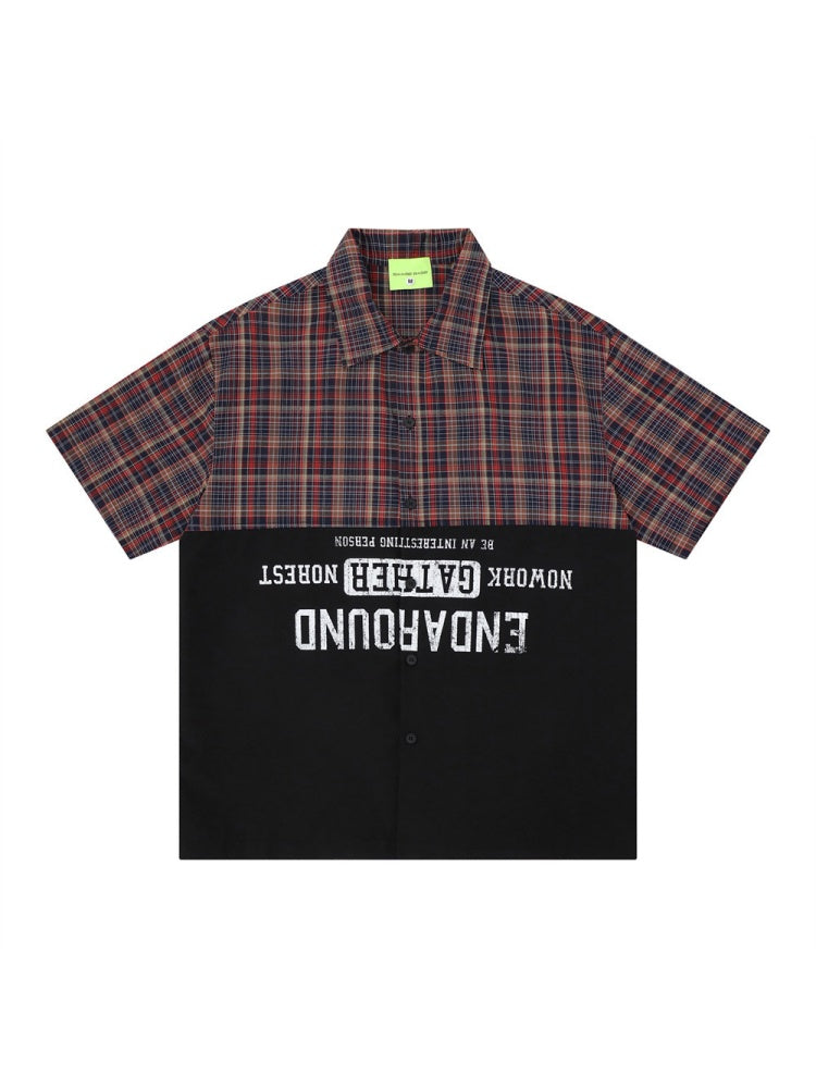 Color-blocked Patchwork Plaid Letter Printed Hip Hop Shirts