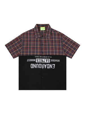 Color-blocked Patchwork Plaid Letter Printed Hip Hop Shirts