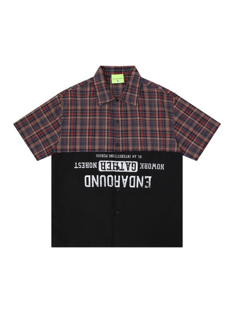 Color-blocked Patchwork Plaid Letter Printed Hip Hop Shirts