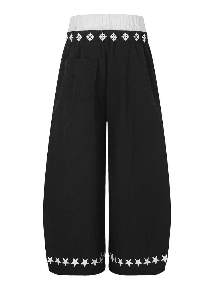 Layered-look Color Matching Wide-leg Vibe Letter Printed Double Waistband Pants