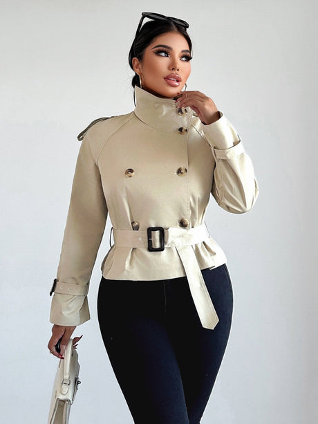 Belt Turtleneck Khaki Slim Fit Short Trench Coats