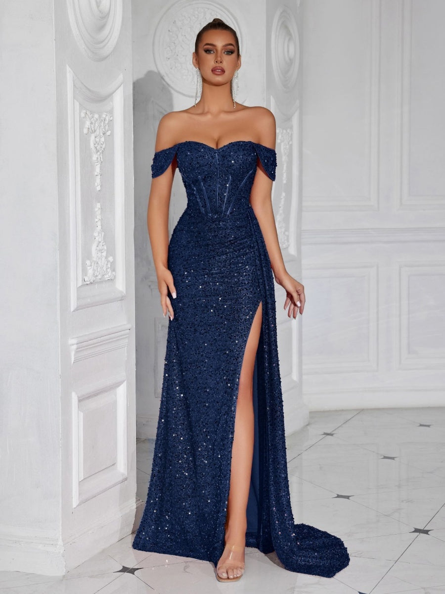 Sequined Strapless Sexy Banquet Dress With Slit, Long And Fitted