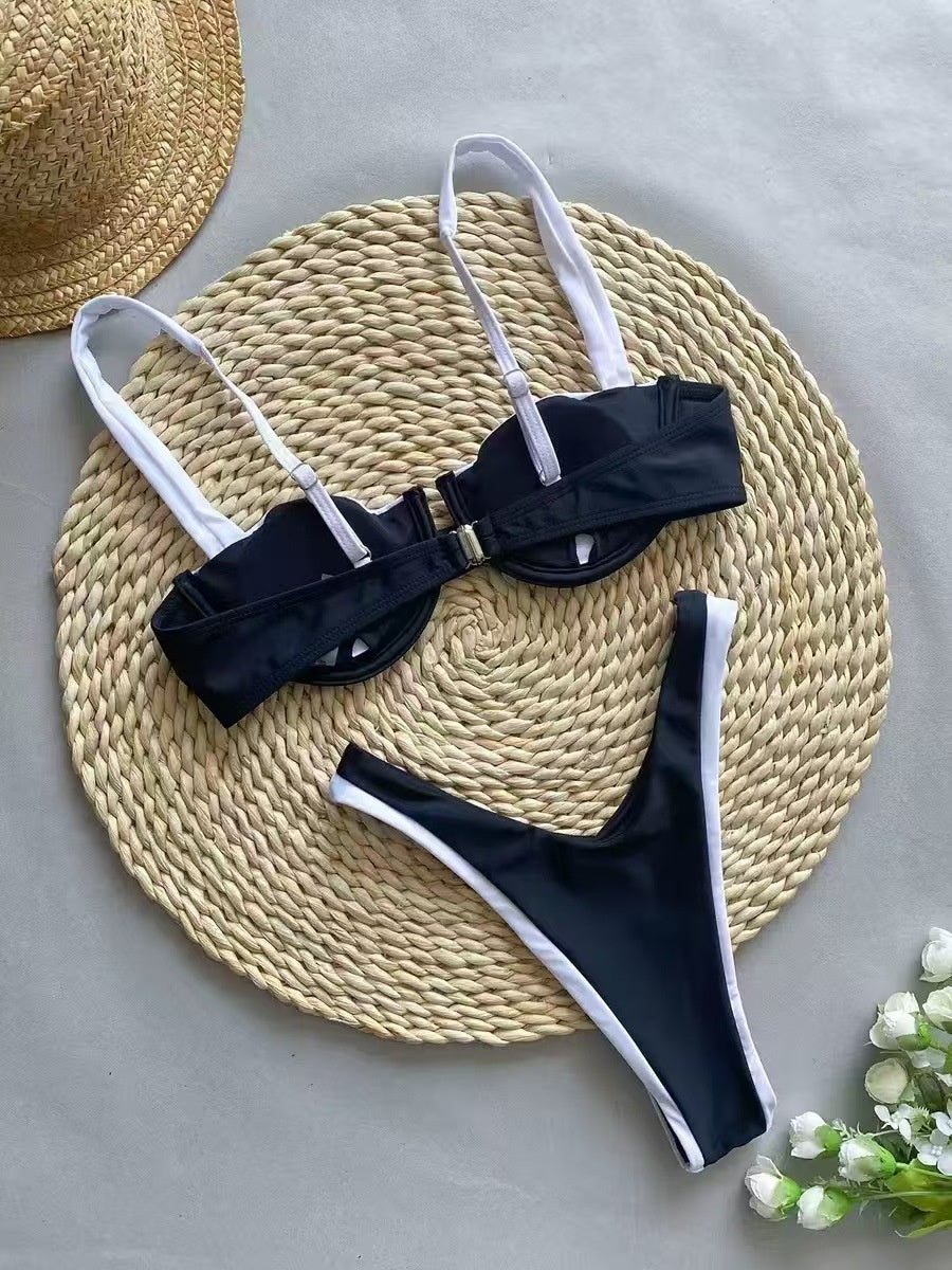 Black And White Color-blocked High-waisted Bikini