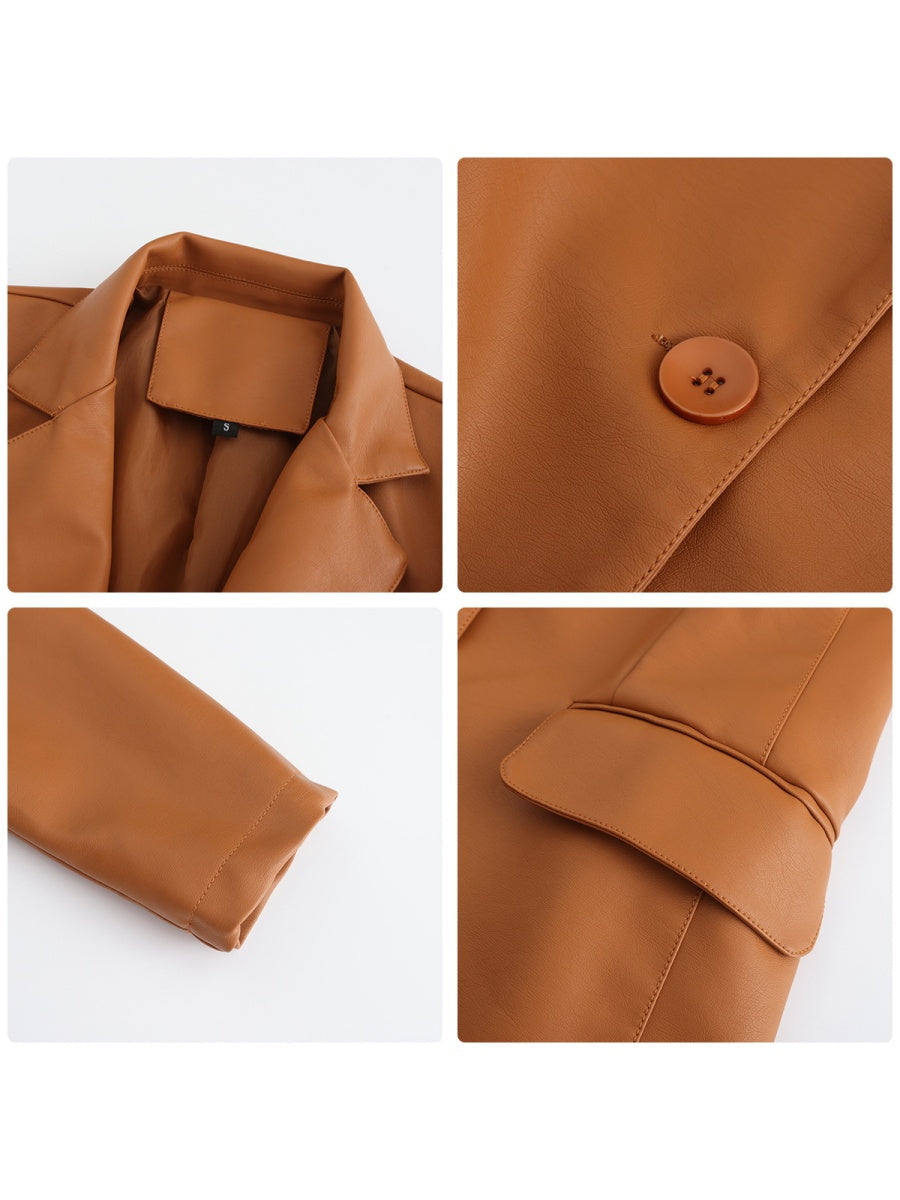 Single Button Pocket Solid Color Leather Jacket