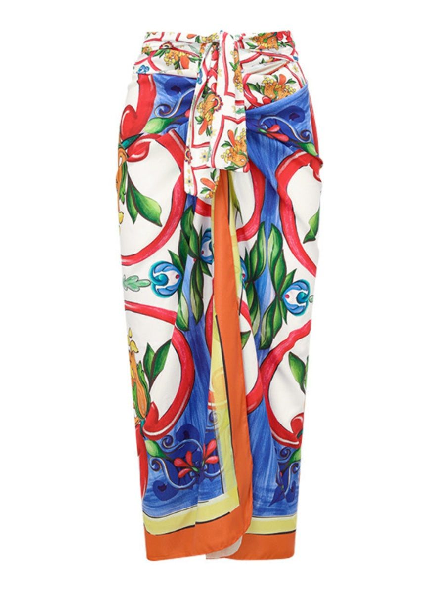 One-shoulder Ruffled Printed Swimsuit And Sun-protective Long Dress Two-piece Set