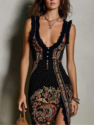 Digital Printing Sleeveless Vest With Ruffled Trim And Slit Long Dress
