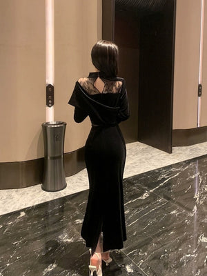 Velvet Dress, Women's Style, Rich Heiress Look, Lace Long-sleeved Black Dress