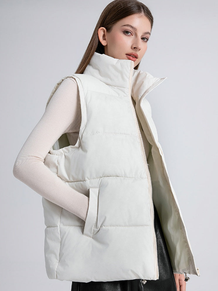 Stand Collar Sleeveless Zipper Pocket Warm Loose Mid-length Down Cotton Vest Jacket