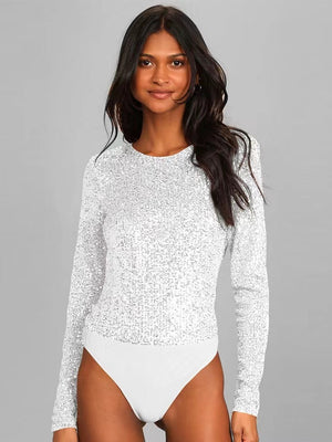 Long-sleeved, Slim-fit, Round Neck, Shimmering, Openwork Bodysuit