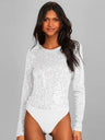 Long-sleeved, Slim-fit, Round Neck, Shimmering, Openwork Bodysuit