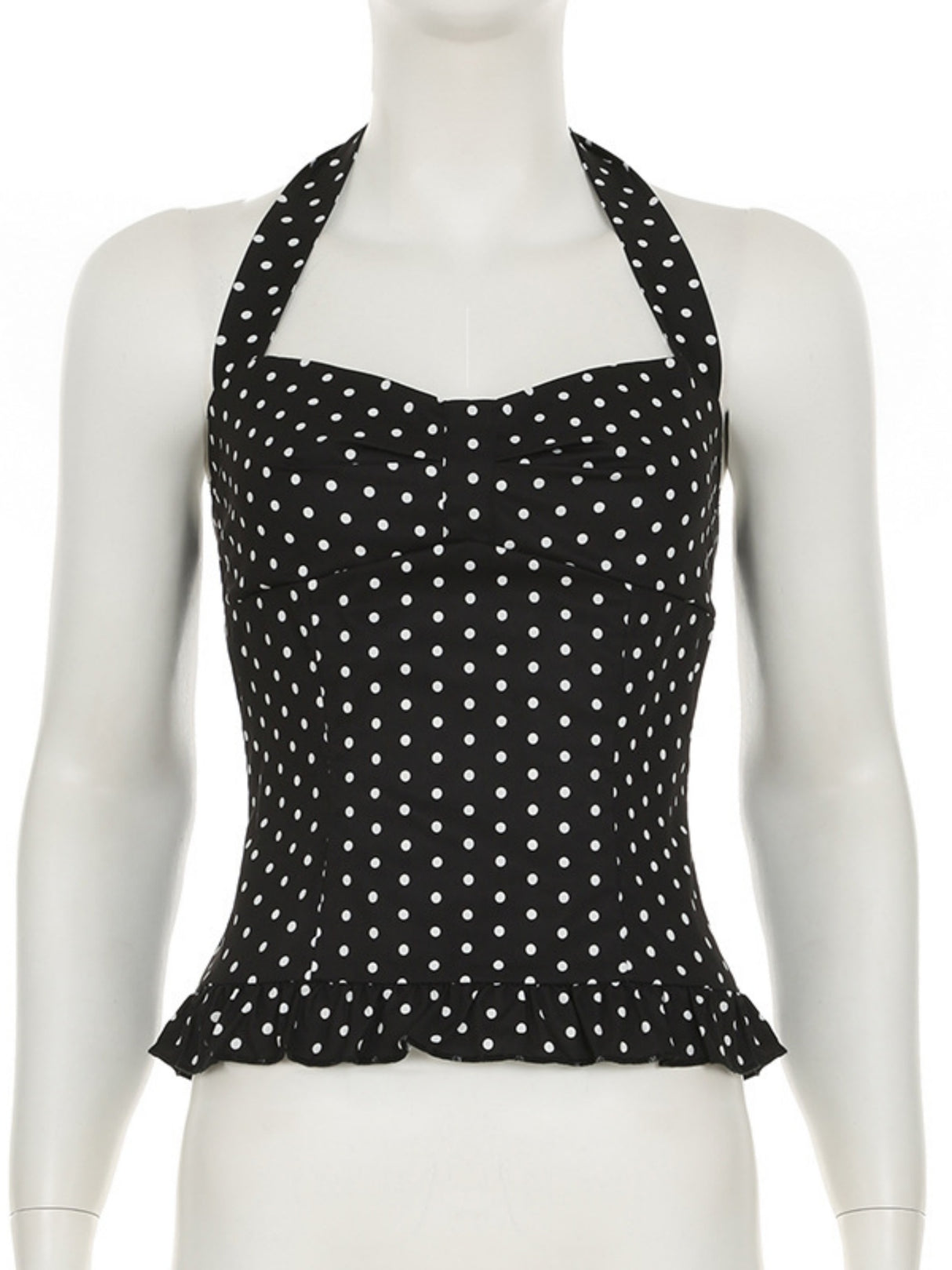 Polka Dots Wavy Lace Chest Pleats Neck Strap Tank Tops&Camis