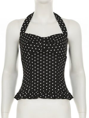 Polka Dots Wavy Lace Chest Pleats Neck Strap Tank Tops&Camis