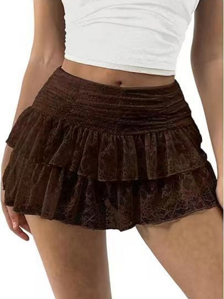 Y2K Lace Trim Low-waisted Pleats Multi-tiered Cake Skirt Sweet Short Skirt