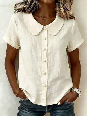 Cotton And Linen Short-sleeved Peter Pan Collar T-shirt