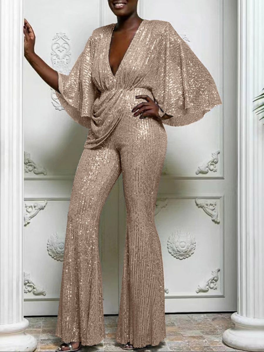 Sequined Sexy Deep V Backless Jumpsuits