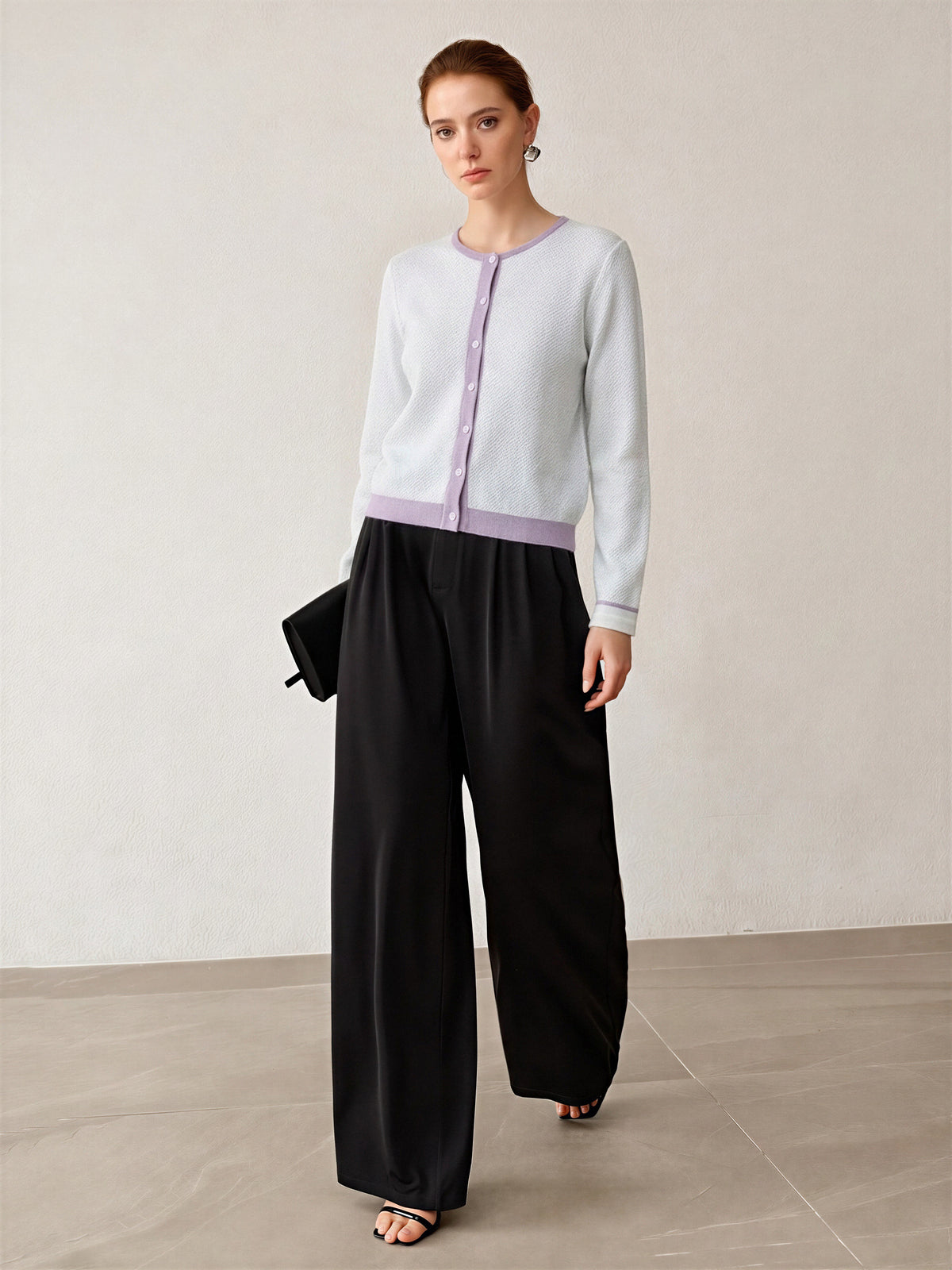 100% Wool Color Block Crew Neck Knit Cardigan