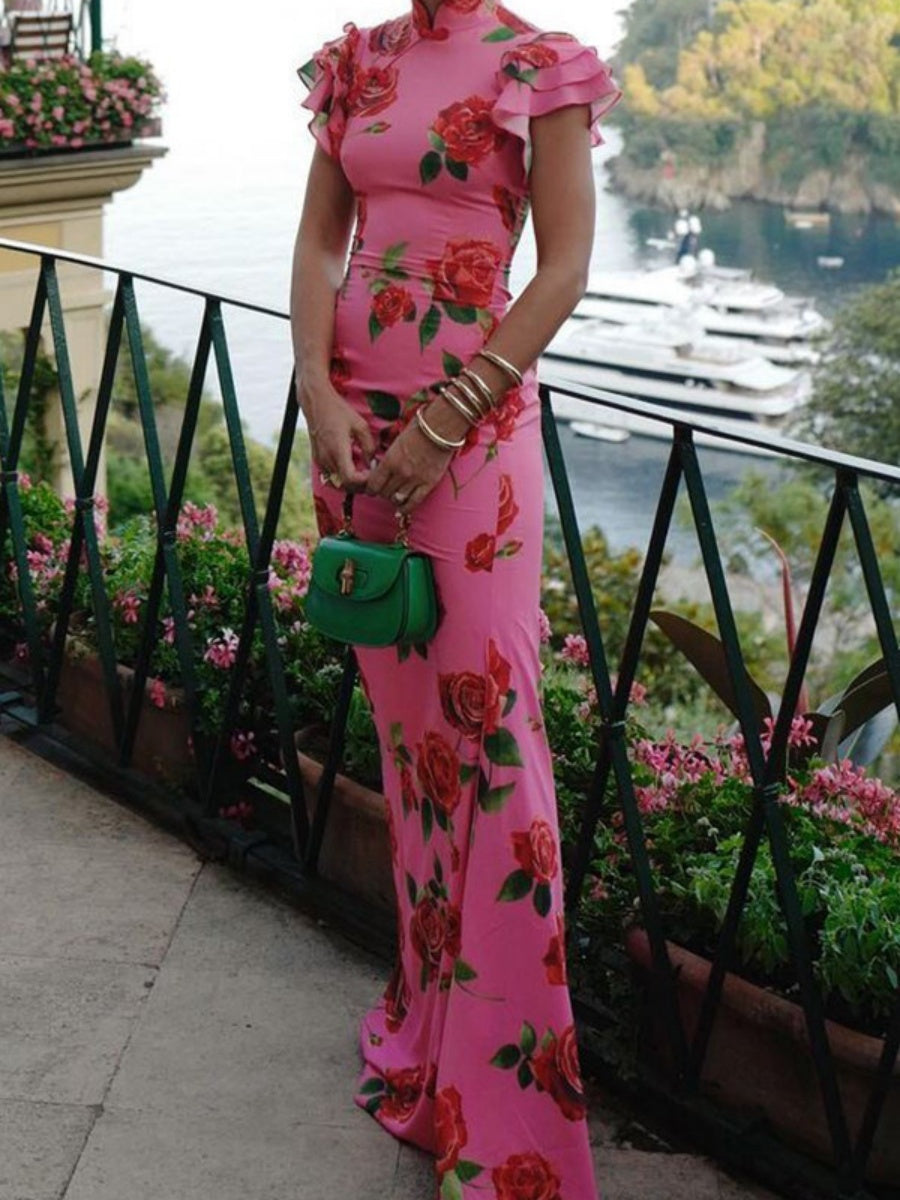 Improved Cheongsam Buttons Printed Formal Dress Maxi Dresses