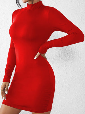 Half Turtleneck Solid Color Tight Fit Long Sleeve Mini&Short Dresses