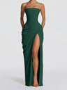 Pleated Slit Strapless Waist Maxi Dresses