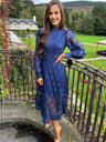 Hollow-out Long-sleeved Stand-up Collar Short Dress With Lace Trim