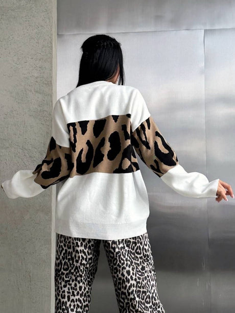 Liber Autumn women's leopard print clothing Raglan sleeve paneled pullover sweater