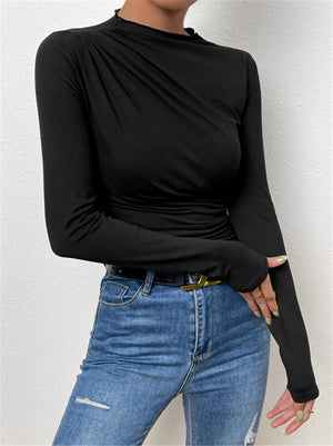 Solid Color Slim Fit Base Layer Versatile Pleated Long-sleeved T-shirt