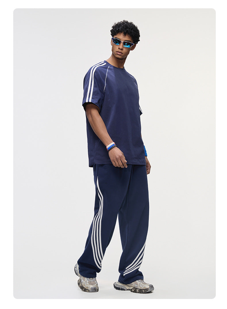 Hasselblad Stripes Short Sleeves Pants Color-blocked Set