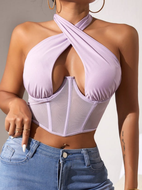 Mesh See-through Cross-neck Steel Ring Fishbone Bra