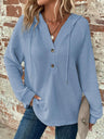 Waffle Drawstring Buttons V-neck Long Sleeve Hoodie