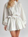 Printed Stand-up Collar Tie Balloon Sleeve Mini&Short Dresses