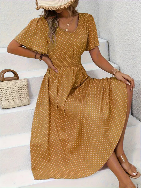 Polka Dots V-neck Waist Shaping Short Sleeves Maxi Dresses